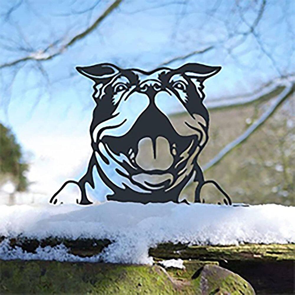 Decoração de jardim, arte em metal, estátua engraçada de animal espiando (cachorro)