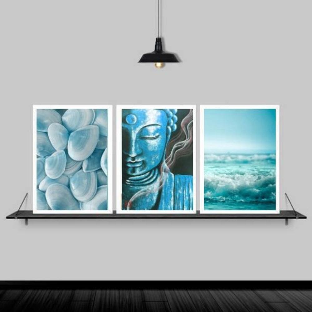 Kit 3 Quadros Zen Buda Mar Azul 33X24Cm Moldura Branca
