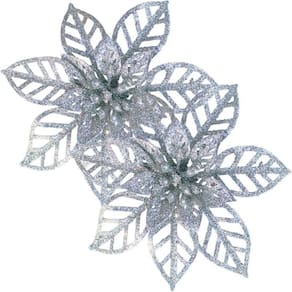 Kit 12 Flores Prata Gliter Decoração árvore De Natal De 14cm