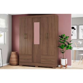 Guarda Roupa Casal 5 Portas (1 c/ Espelho) e 2 Gavetas Briz B60 Castanho - Henn