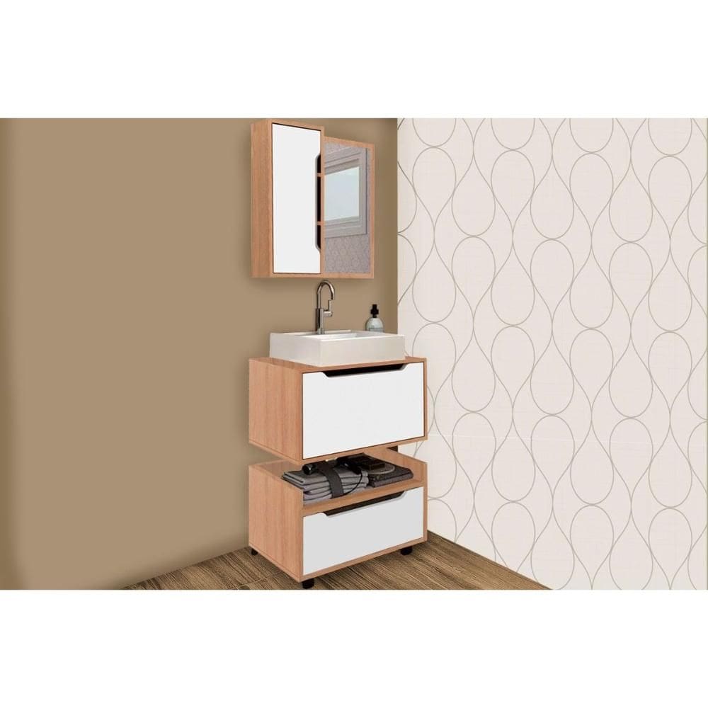 Gabinete de Banheiro Balcão Suspenso BN3646 e Balcão c/ Rodízios BN3647 60cm e Armário c/ Espelho BN3648 60cm Amêndoa/Branco - Tecno Mobili