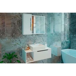 Gabinete de Banheiro Balcão Suspenso BN3644 e Balcão c/ Rodízios BN3643 80cm e Armário c/ Espelho BN3645 80cm Branco - Tecno Mobili