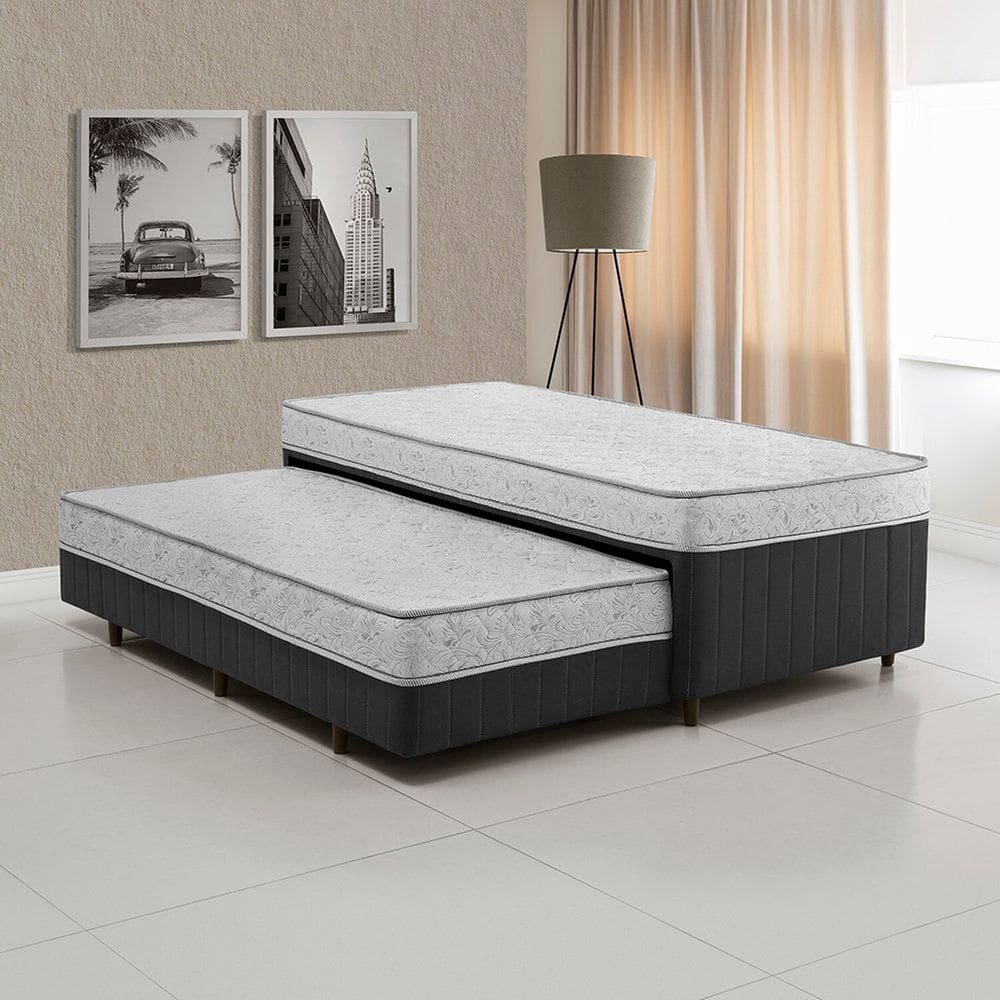 Cama Box Conjugada Solteiro com Auxiliar Branco/Cinza Cinza