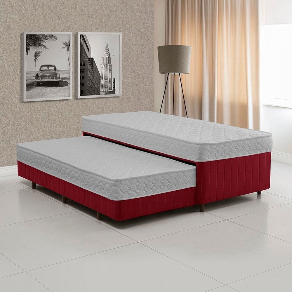 Cama Box Conjugada Solteiro com Auxiliar Branco/ vermelho