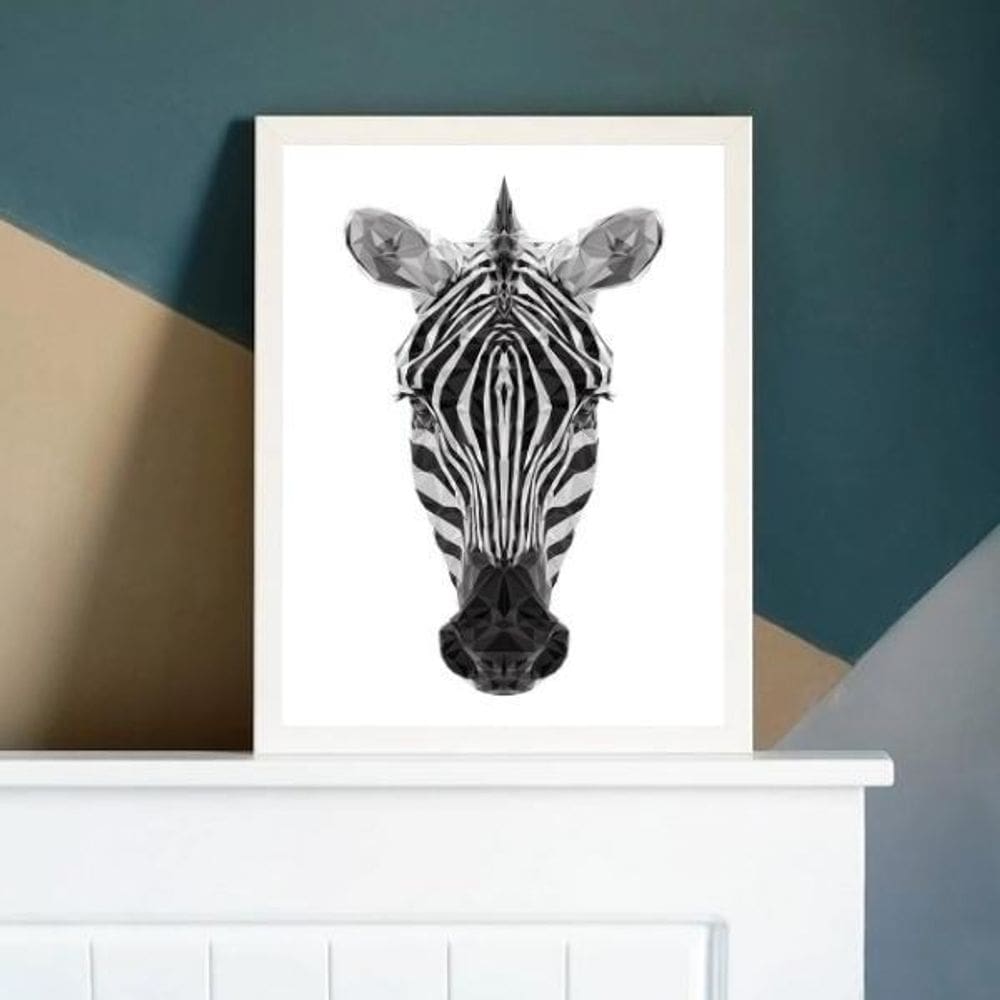 Quadro Cabeça De Zebra Geométrica 45X34Cm - Madeira Branca