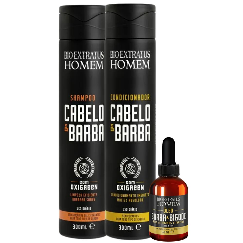 Kit Bio Extratus Homem Cabelo & Barba Shampoo 300ml + Condicionador 300ml + Óleo 40ml