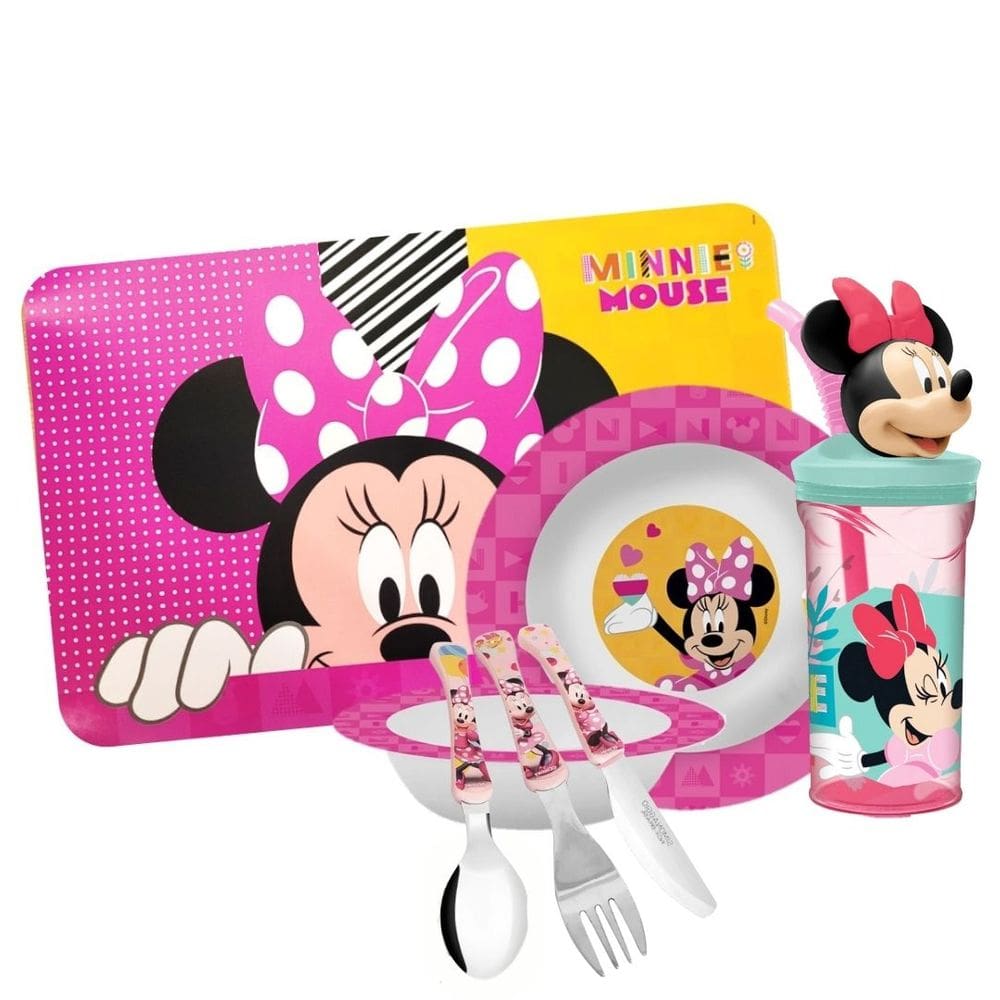 Kit Refeição Infantil Minnie 7 Peças Melamina Prato, Tigela, Copo, Lugar Americano e Talheres - Tuut