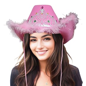 Chapéu Rosa Cowboy com Plumas Tiara de Princesa: Boiadeira Country Cowgirl Festa Rodeio Fantasia Carnaval