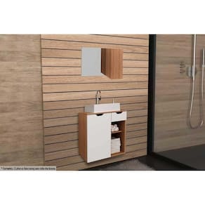 Armário c/ Balcão Banheiro Suspenso BN3605 s/ Cuba 60cm e Espelho BN3602 Amêndoa/Branco - Tecno Mobili