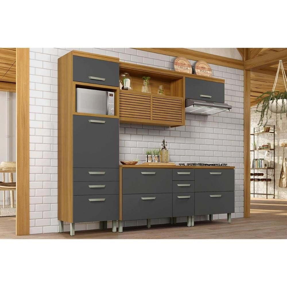 Cozinha Modulada Completa Princesa 4 Peças (1Aéreo+2Balcões+1Paneleiro) C4P159 Freijo/Grafite - Nesher