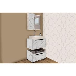 Armário c/ Balcão Banheiro Suspenso BN3646 e c/ Rodízios BN3647 60cm e Espelho BN3648 60cm Mármore Branco - Tecno Mobili