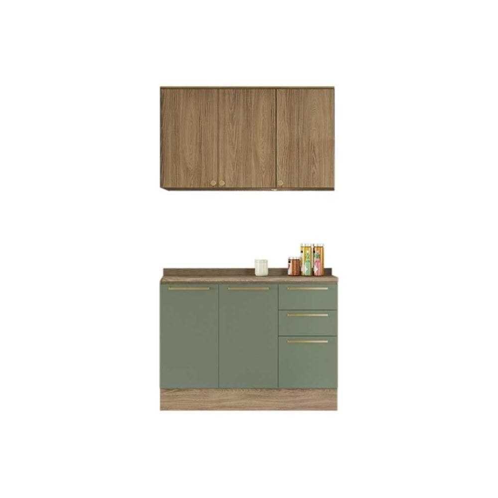 Cozinha Modulada Completa Botanic 3 Peças (1Aéreo+1Balcão+1Complemento) C3P15 Nogueira/Verde Oliva - Kappesberg