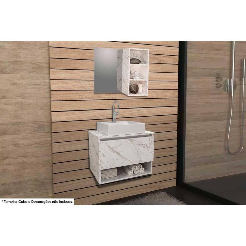 Armário c/ Balcão Banheiro Suspenso BN3606 s/ Cuba 60cm e Espelho BN3609 Mármore Branco - Tecno Mobili