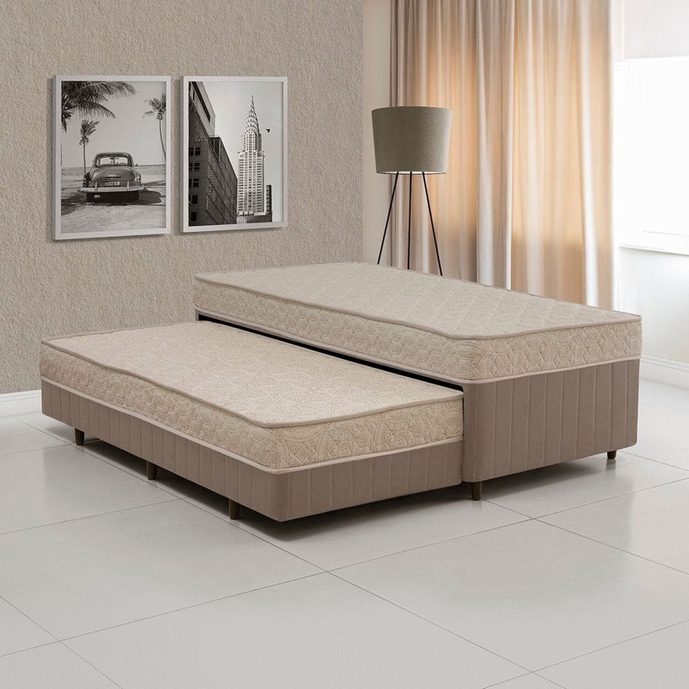 Cama Box Conjugada Solteiro com Auxiliar Bege /Marrom Chocolate