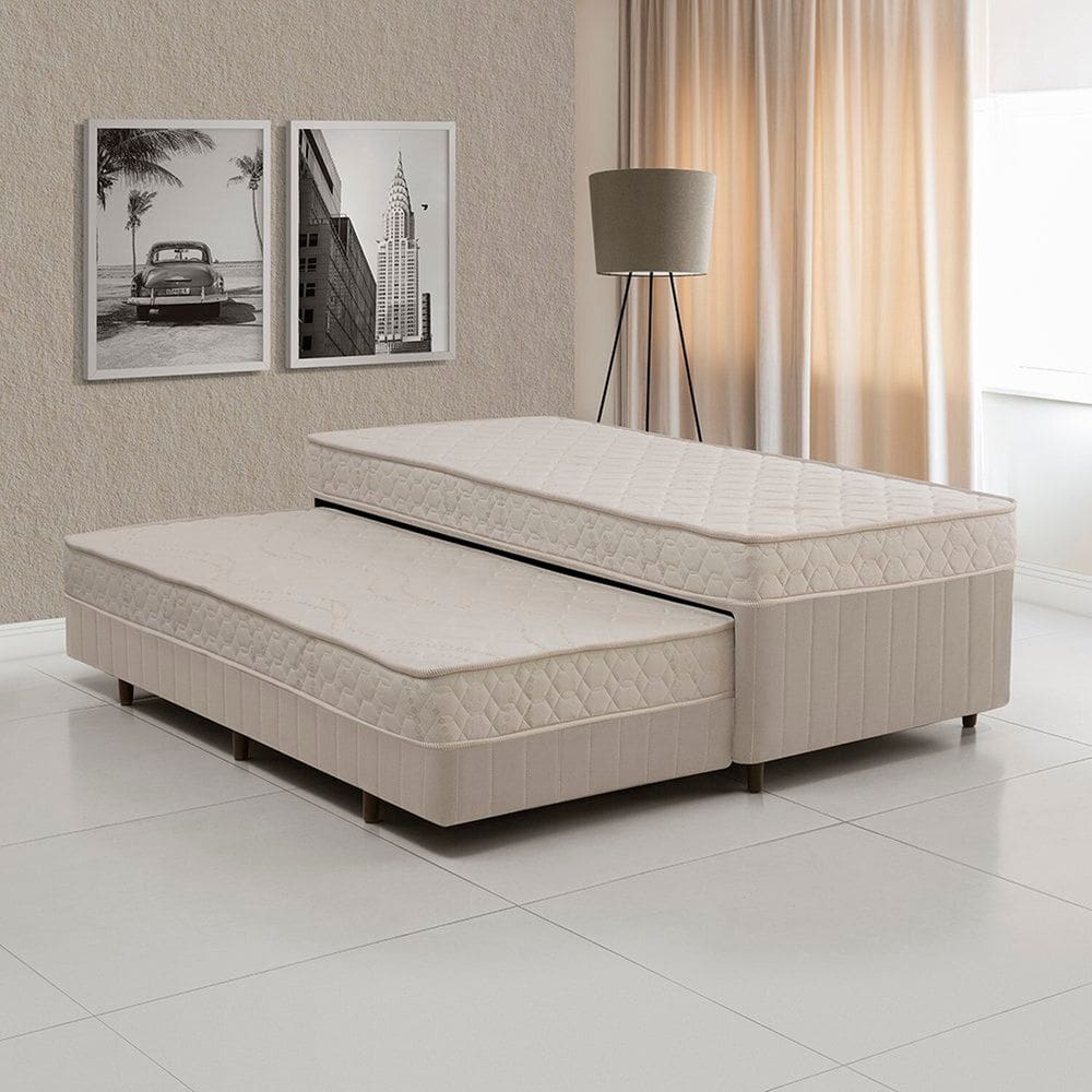 Cama Box Conjugada Solteiro com Auxiliar Bege