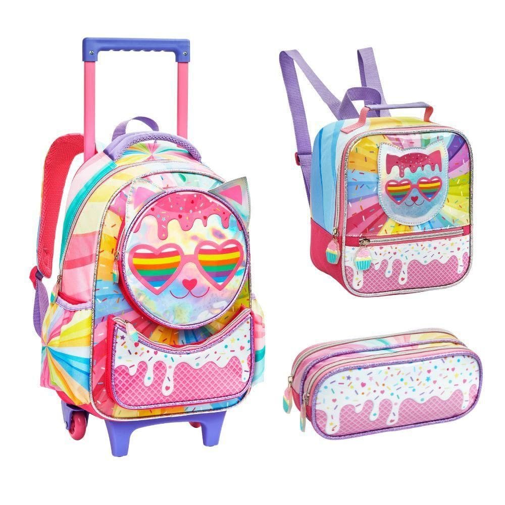 Kit Mochila De Rodinhas + Lancheira + Estojo Duplo Gatinha óculos Denlex