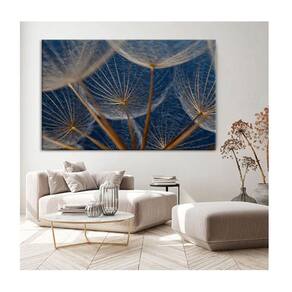 Quadro Folhas E Flores Dente De Leão Em Fundo Azul Borda Infinita Tamanho:120 X 80 Cm
