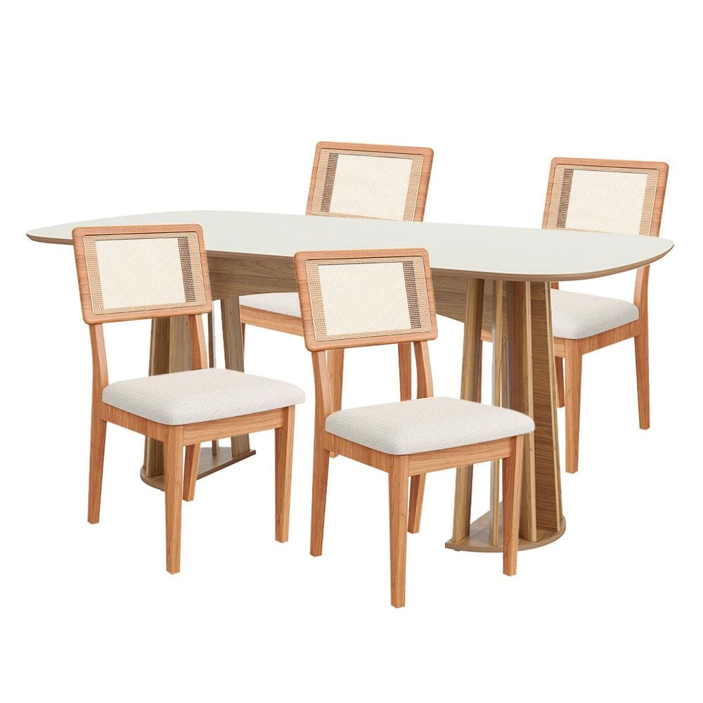 Kit Mesa Oval 4 Cadeiras de Jantar Tela 100% MDF Branco Bege Dalla Costa
