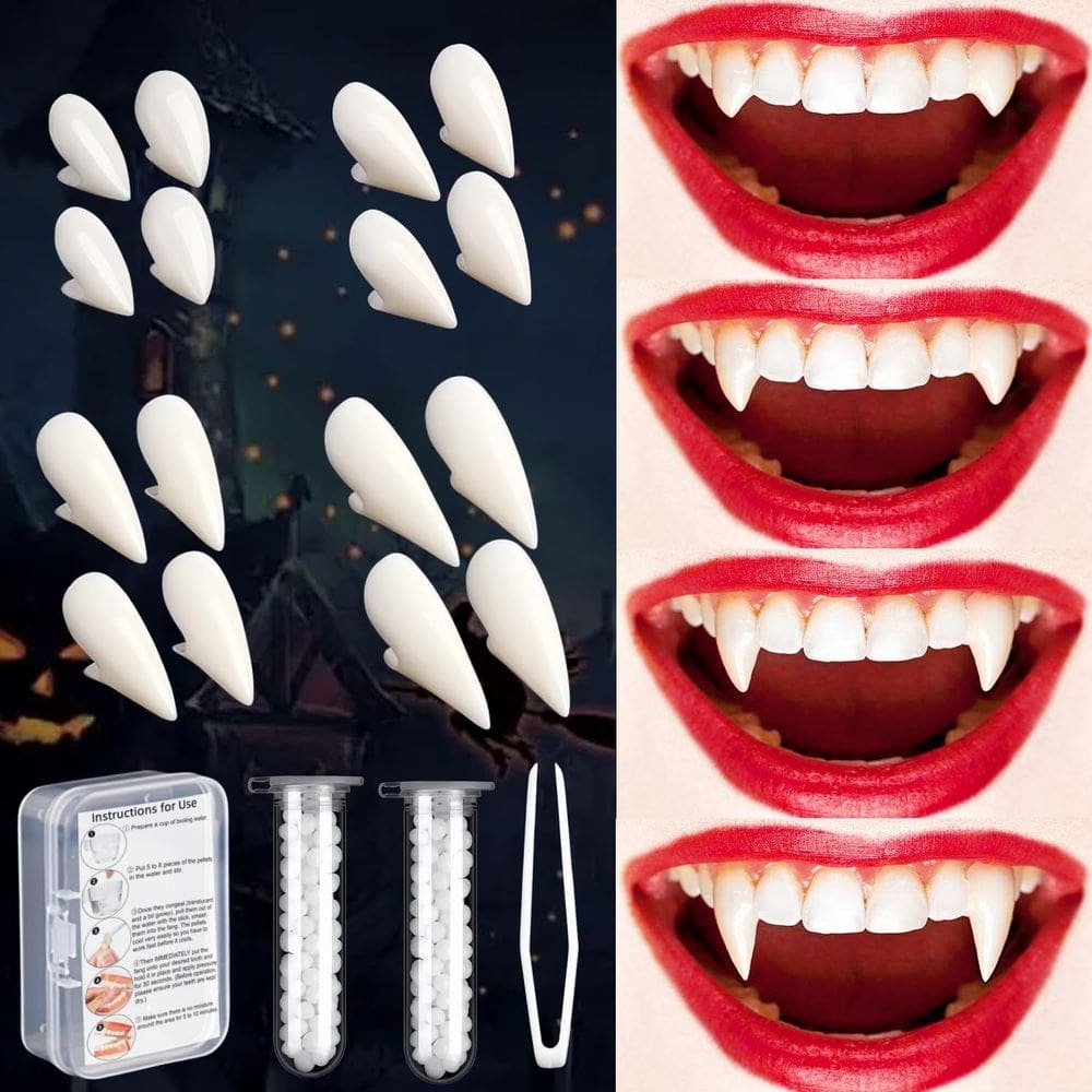 Presas de dentes de vampiro VOVEA, 8 pares, 4 tamanhos, cosplay de Halloween