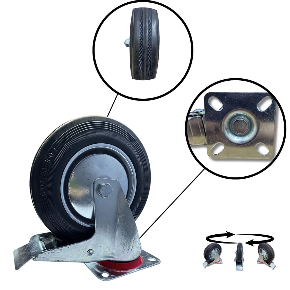Rodízio Rodinha Grande Giratório Placa Base Aço Roda Borracha Diâmetro 200mm 8" Altura 245mm