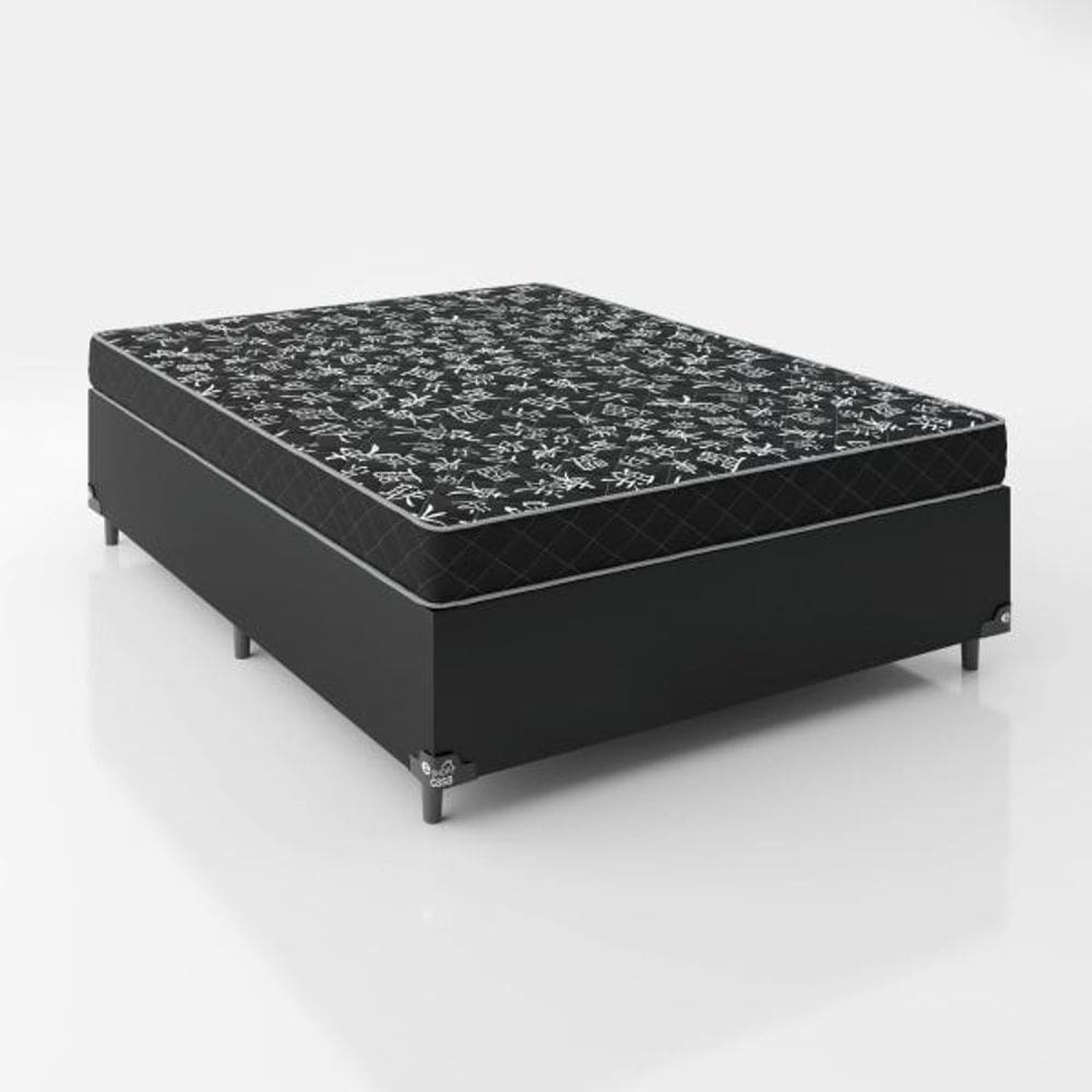 Cama Box Viúva 128 Tecido Sintético Preto Com Colchão Espuma D20 - Tampo Preto 12cm