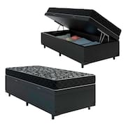 Cama Box Baú Solteiro 88 Sintético Preto com Colchão de Espuma D20 - Tampo Preto 12cm