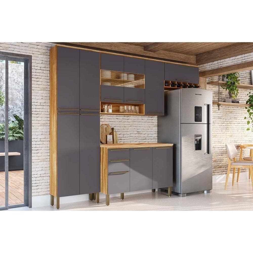 Cozinha Modulada Completa Nápoli  4 Peças 2 Aéreos + 1 Balcão + 1 Paneleiro C4p01 Amendoa Grafite Ronipa