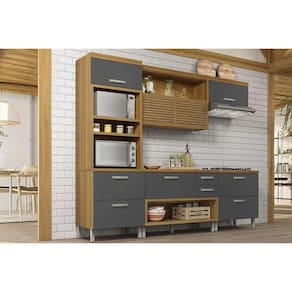 Kit Cozinha Modulada 4 Peças Princesa 1 Aéreo + 2 Balcões + 1 Paneleiro C6p65 Freijó Grafite