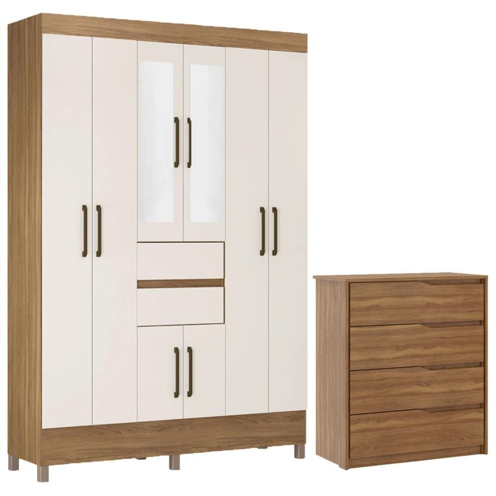Kit Guarda Roupa Casal Com Espelho 8 Portas Munique Cômoda Atria