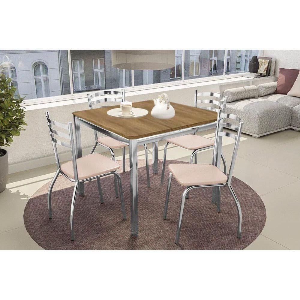 Conjunto Mesa De Cozinha Reno Com Tampo De Madeira 90cm E 4 Cadeiras Portugal Cromada Nude 16 Kappesberg
