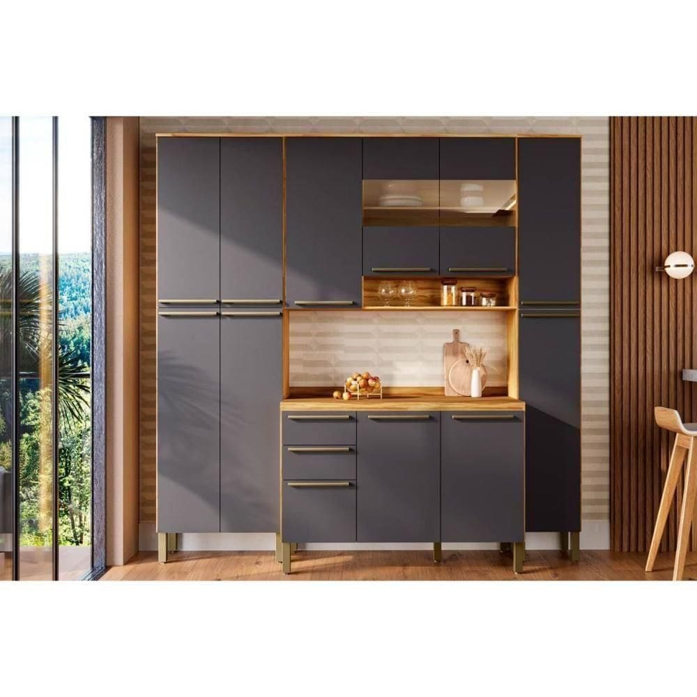 Cozinha Modulada Completa Nápoli 4 Peças 1 Aéreo + Balcão + 2 Paneleiros C4p95 Amendoa Grafite Ronipa