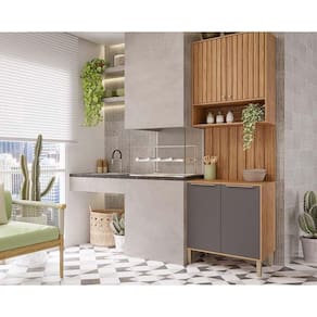 Cozinha Modulada Completa Divina 3 Peças 1 Aéreo + 1 Balcão + Complemento Cz006 Freijó Titanium