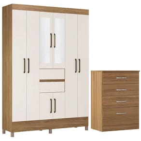Kit Guarda Roupa Casal Com Espelho 8 Portas Munique Cômoda Astral