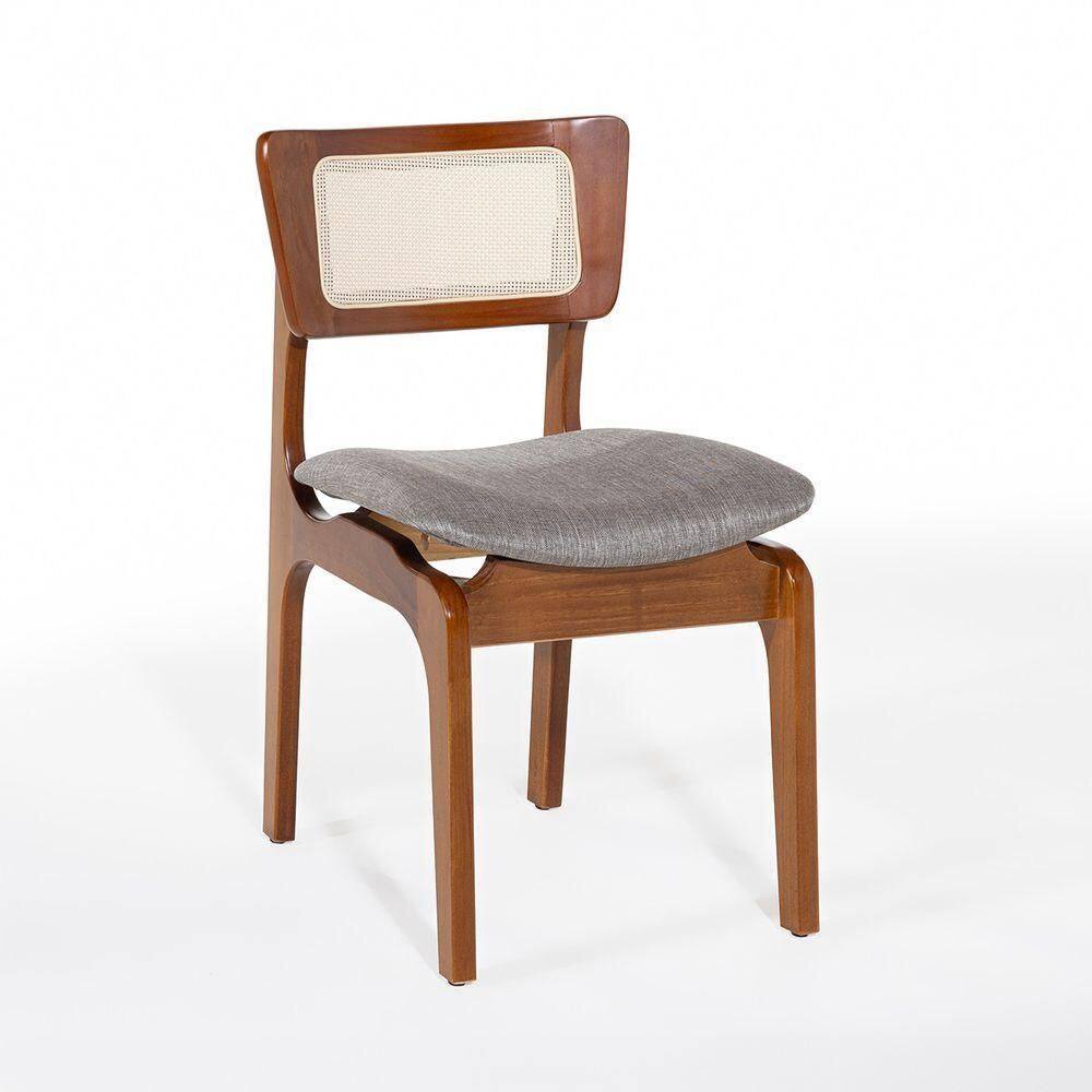 Cadeira De Jantar Portugal Madeira Imbuia Com Encosto Tela Rattan Linho Cinza L55