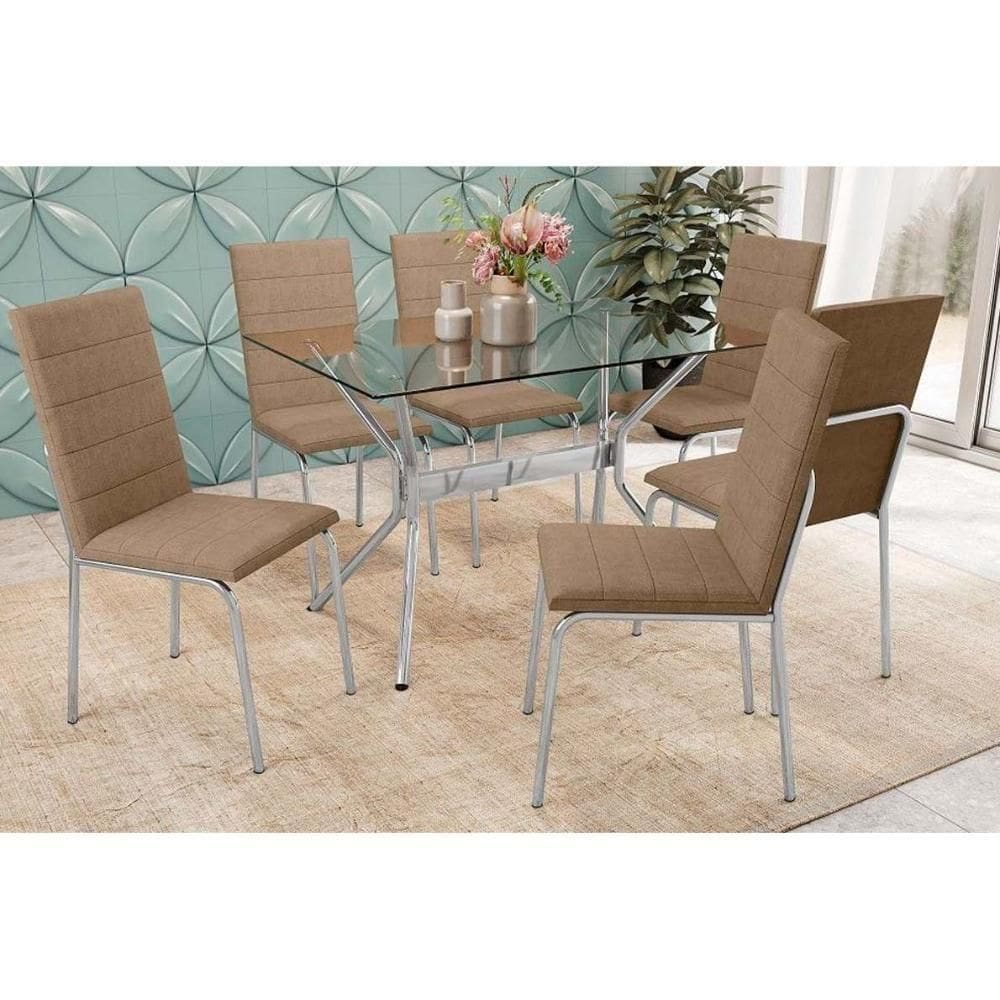 Conjunto Mesa Sala Jantar Loire Com Tampo De Vidro 120x80cm E 6 Cadeiras Amsterdã Cromada Capuccino Kappesberg