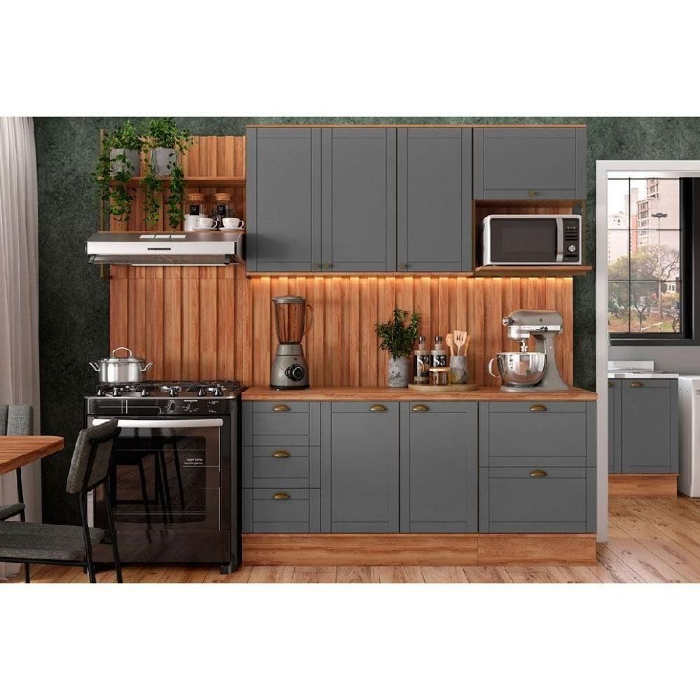 Cozinha Modulada Completa Bella 9 Peças 2 Aéreos + 2 Balcões+5complementos C9p60 Nogal Cinza