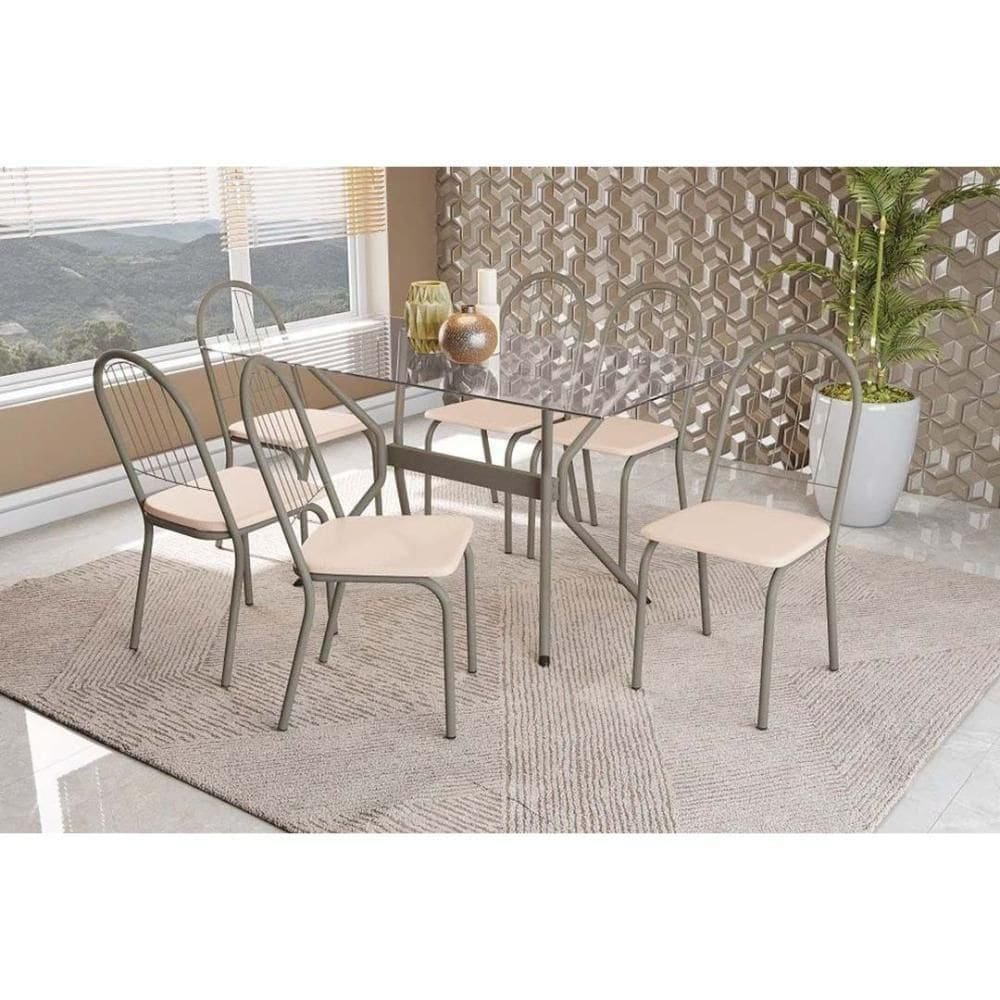 Conjunto Mesa De Cozinha Loire Com Tampo De Vidro 80x120cm E 6 Cadeiras Noruega Niquel Nude Kappesberg
