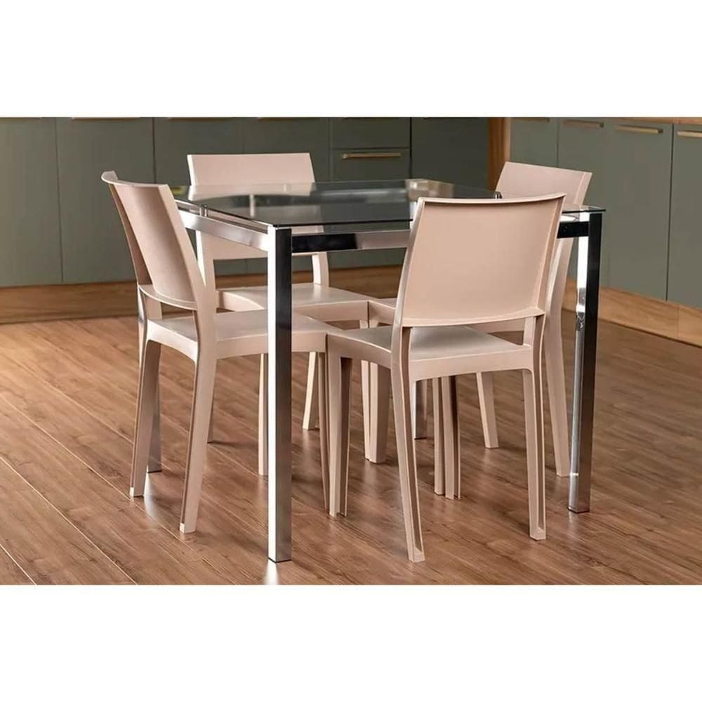Conjunto Mesa De Cozinha Reno Com Tampo De Vidro 90x90cm E 4 Cadeiras Hydra Plus Cromada Capuccino Kappesberg
