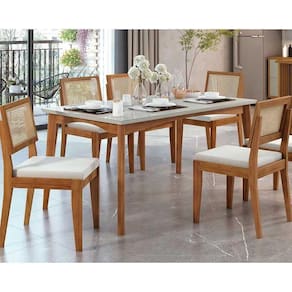 Conjunto Mesa De Cozinha Monalisa Com Tampo Madeirado Com Vidro 160cm E 6 Cadeiras Rainha Natural Nesher