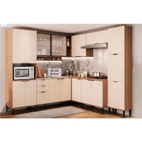 Cozinha Modulada Completa Alpha 8 Peças 33 Aéreos + 3 Balcões + 1 Paneleiro + 1 Torre Quente C8p61 Freijó Off White