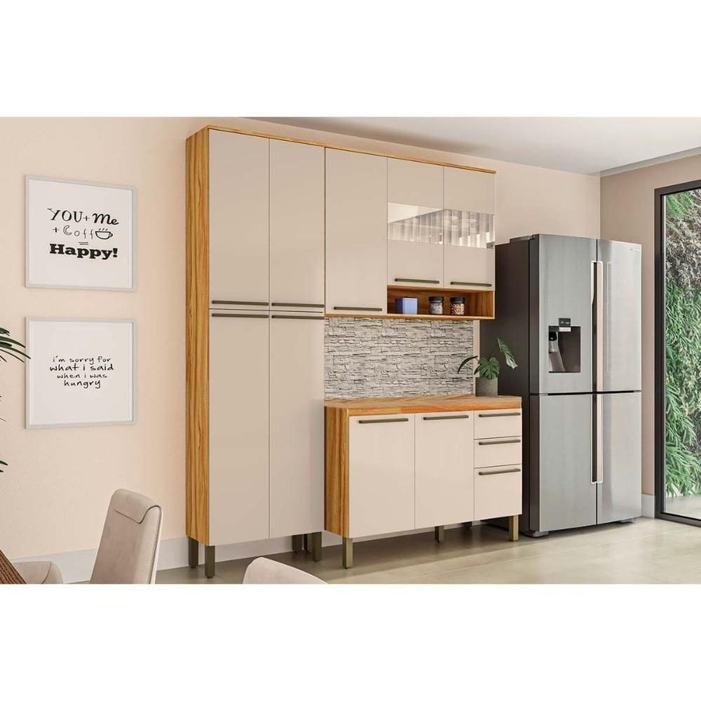 Cozinha Modulada Completa Nápoli  3 Peças 1 Aéreo + Balcão + 1 Paneleiro C3p02 Amendoa Off White Ronipa