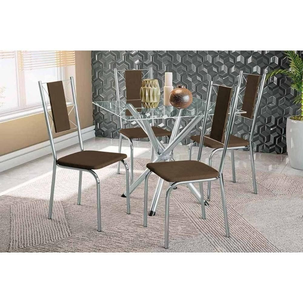 Conjunto Mesa De Cozinha Volga Com Tampo De Vidro 90cm E 4 Cadeiras Lisboa Cromada Courano Marrom Kappesberg