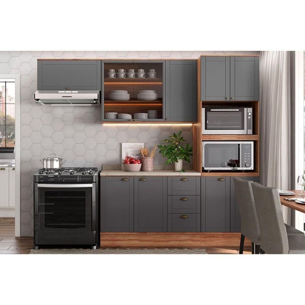 Cozinha Completa 4 Peças Bella 2 Aéreos 1 Balcão 1 Torre Quente C4p197 Nogal Cinza