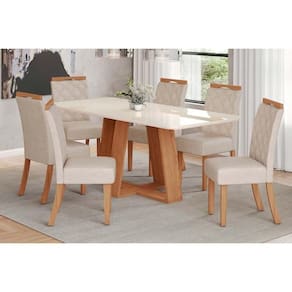 Conjunto Mesa De Cozinha Lins Com Tampo Madeirado Com Vidro Curvo 200x90cm E 6 Cadeiras Bella Nature Linho Henn