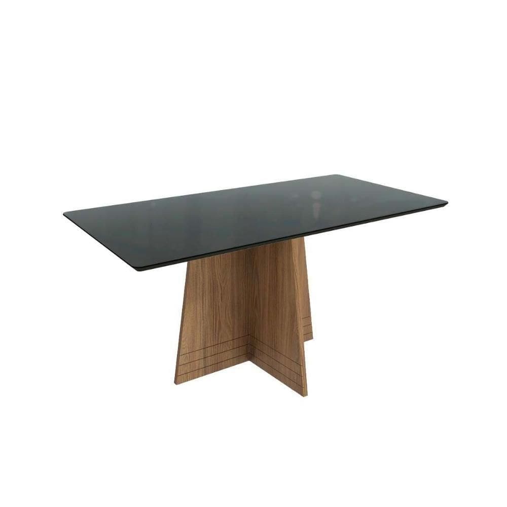 Mesa De Sala Jantar Lótus Com Tampo Madeirado Com Vidro 90x180cm Nogueira Preto Fosco Vidro Preto Kappesberg