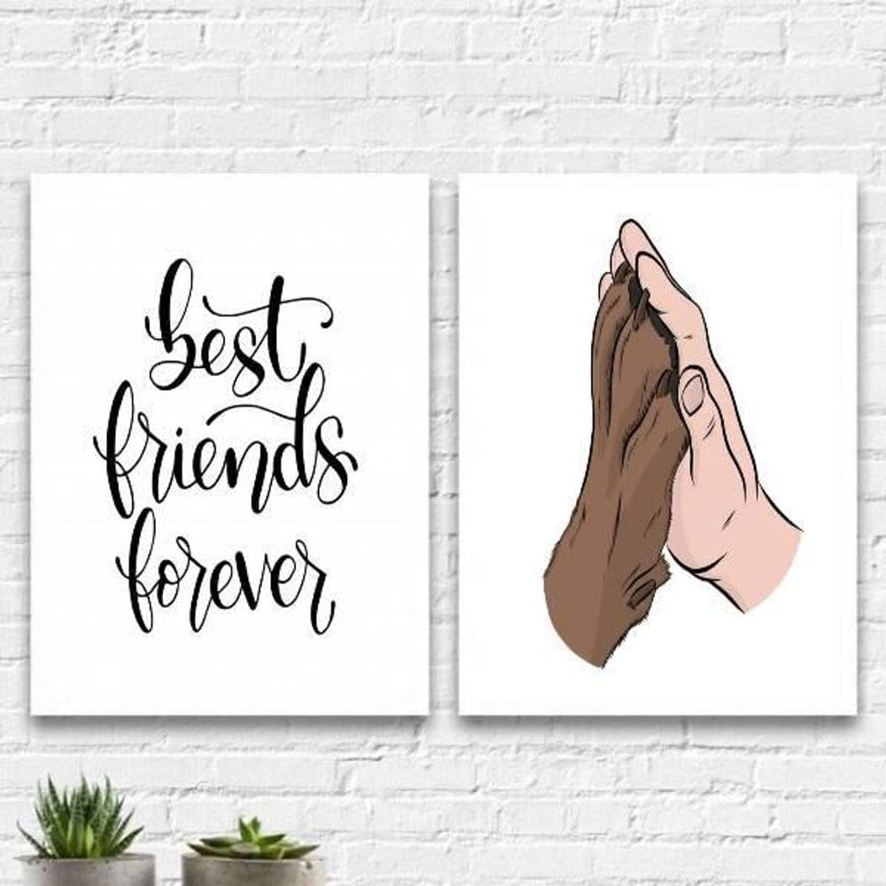 Kit 2 Quadros Best Friends Mão E Pata 24X18 Com Vidro Branca