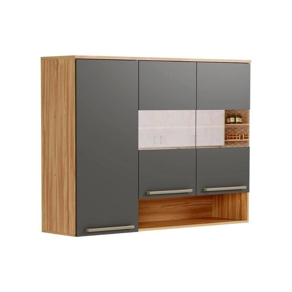 Módulo Cozinha Ronipa Nápoli Armário Com 3 Portas 2 Com Vidro Reflecta 120cm Amendoa Grafite Ronipa