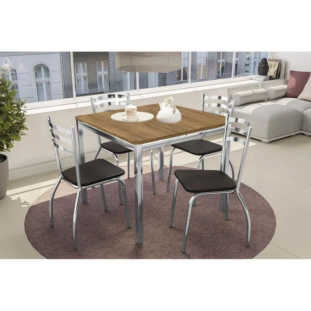 Conjunto Mesa De Cozinha Reno Com Tampo De Madeira 90cm E 4 Cadeiras Portugal Cromada Preto Kappesberg