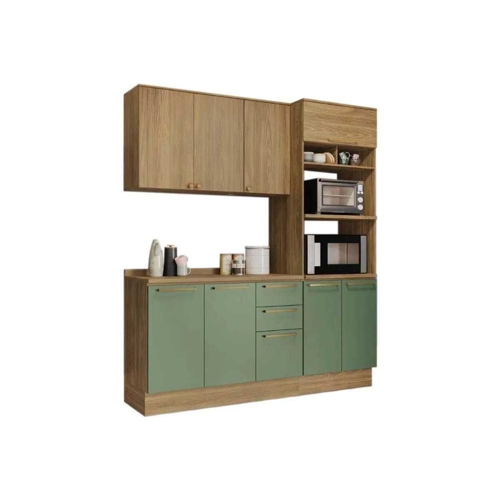 Kit Cozinha Modulada 4 Peças Botanic 1 Aéreo + Balcão + 1 Paneleiro + 1 Complemento M664 Nogueira Verde Oliva
