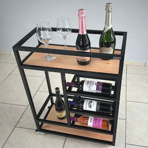Carrinho Bar Estilo Industrial Preto Com Adega Para 9 Garrafas